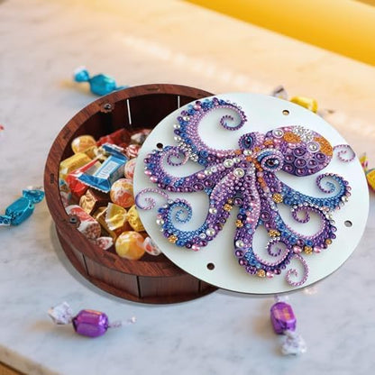 antor DIY Diamond Art Painting Storage Box, Octopus Design 5D Crystal Rhinestone Art Wooden Serving Box, Round Snack or Trinket Container Tabletop Ornament for Ocean Decor or Handmade Gift - Image 4