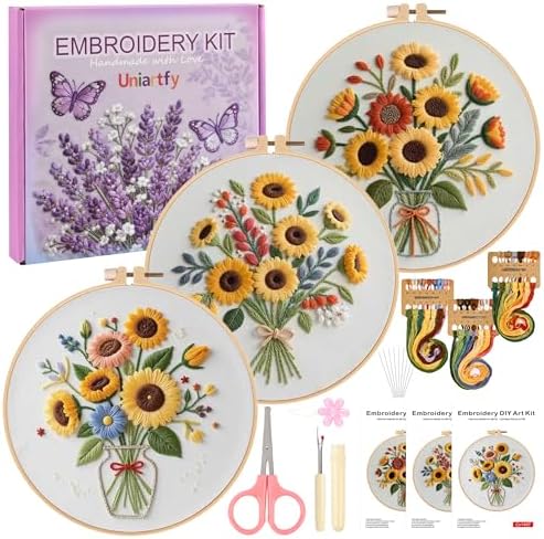 Uniartfy 3 Sets Sunflower Embroidery Kits for Beginners, Needlepoint Kits for Adults, Cross Stitch Kit with Cloth, Hoop, Threads and Instruction, Easy to Learn Embroidery Starter Kit for Craft Lover by Uniartfy
