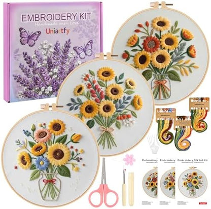 Uniartfy 3 Sets Sunflower Embroidery Kits for Beginners, Needlepoint Kits for Adults, Cross Stitch Kit with Cloth, Hoop, Threads and Instruction, Easy to Learn Embroidery Starter Kit for Craft Lover by Uniartfy