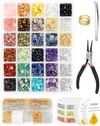 FIVEIZERO Jewelry Making Kit - 1956 PCS Natural Chip Stone Beads(25 Colors, 4-12mm) with Crystal Beads, Metal Charms, Jump Rings & Earring Hooks for DIY Bracelets, Necklaces, Earrings by FIVEIZERO