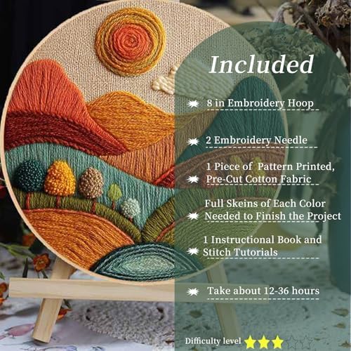 FONNUY Embroidery Kit for Beginners, Textured Vibrant Nature Landscape Pre-Stamped Pattern Kits for Adults with Hoop, Easy to Follow Color Thread Needlework, 8'' Hoop (Red 2) - Image 2