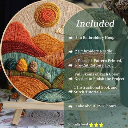 FONNUY Embroidery Kit for Beginners, Textured Vibrant Nature Landscape Pre-Stamped Pattern Kits for Adults with Hoop, Easy to Follow Color Thread Needlework, 8'' Hoop (Red 2) - Image 2