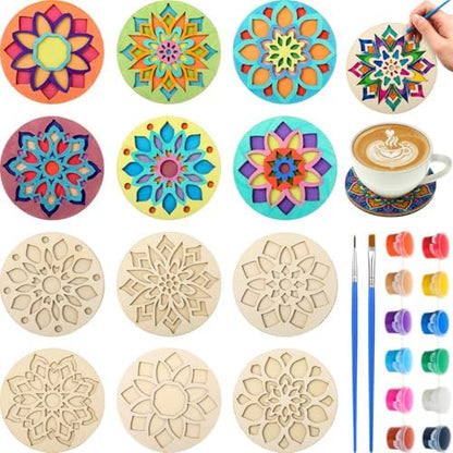 DoubleFill 12 Pcs Wooden Coasters Painting Kit DIY Craft Set, Mandala by DoubleFill