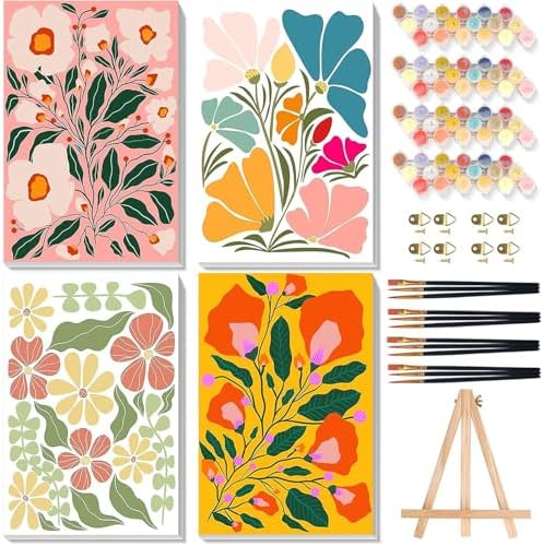 4 Pack Flower Paint by Numbers for Adults with Framed Canvas - Wooden Easel by xackcme