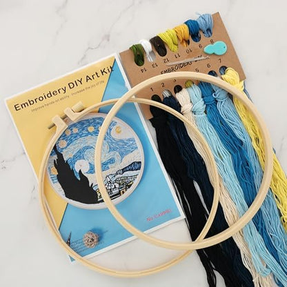 Esffaci Embroidery Starter Kit for Adults Beginners with Van Gogh Starry Night Pattern Stamped Cross Stitch Set with Embroidery Cloth Hoop Needles Threader Colorful Floss and Instruction - Image 2