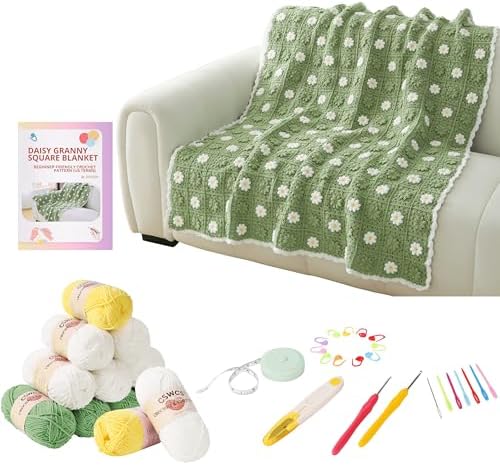 CSWCS Crochet Blanket Kit for Beginners, Daisy Granny Square Throw Kit for Adults, Easy Learn How to Knitting with Yarn & Hook, Complete Starter Set with Step-by-Step Instructions (47" x 39") by Cswcs