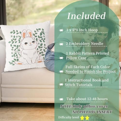 FONNUY Easter Throw Pillow Case Embroidery Kit, Eucalyptus Leaves Happy Rabbit Bunny Stamped Pattern Kits for Audlt Beginners, Hand Works Crafts Throw Pillow Cover, 18 x 18'' (Rabbit 01) - Image 2