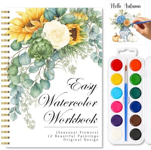 Seasonal Flowers Watercolor Workbook for Beginner, 12 Beautiful Seasonal Flowers Sunflower Wildflower Butterfly Patterns Water Coloring Book, Paint Set with Palette and Brush, Gift for Flower Lovers by Unknown