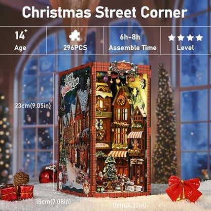 Book Nook, Christmas Cottage 3D Wooden Puzzle with LED Lights, DIY Festive Holiday Bookend Decor, Cozy Winter Scene with Christmas Tree, Wreath, and Snowman - Image 3