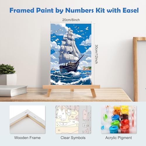 MOGTAA Ship Landscape Paint by Numbers Kit for Adults Beginners with Frame, Seagulls and Sea Adult Paint by Number Kits on Canvas with Easel, Easy DIY Oil Painting Kits for Home Decor, 8x12in - Image 2