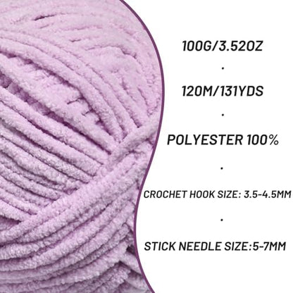 Plush Chenille Chunky Crochet Yarn - Baby Yarn for Crocheting Soft - Velvet Yarns Knitting for Blankets Crafts - Fluffy Amigurumi Yarns 100g / 131yd (Light Purple) - Image 2