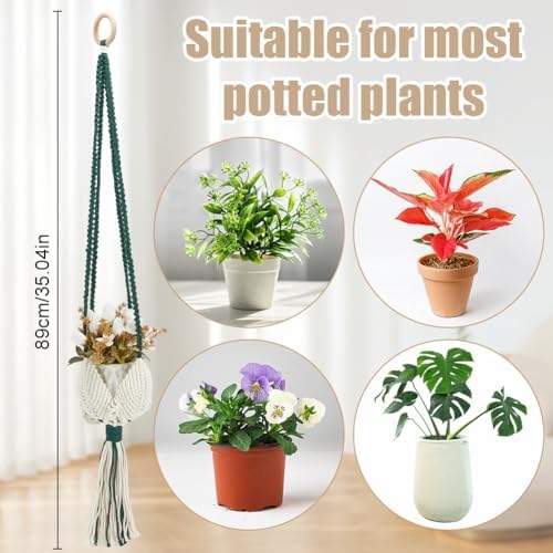 BEUNITONE ﻿Macrame Plant Hanger Kit Indoor for Beginners, 40m White and 20m Green 43.7yards Cotton Macrame Cord, DIY Macrame Supplies Plant Hanger Kits for Adults Beginners with Instructions ﻿ - Image 3