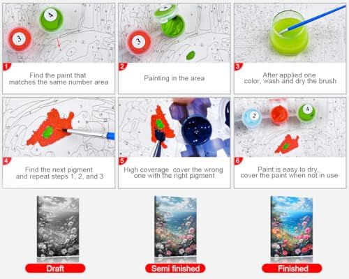 TUMOVO Flower Framed Paint by Numbers Kit for Adults Beginner, Sea Adult Paint by Number Kits on Canvas, Coastline Scenery Oil Painting for Gift Home Decor, Acrylic Drawing Paint Kits 16"x20" - Image 4