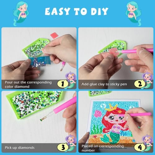 QEUOYSS Diamond Art Kit for Kids with Wooden Frame Art and Crafts for Kids Ages 6-8 -10-12 Easy to DIY Diamond Art for Kid and Adult Beginners Home Wall Decoration (Mermaid) - Image 3