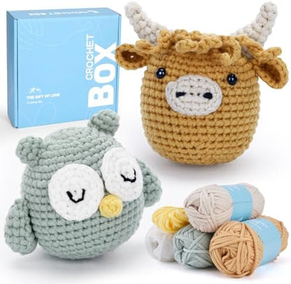 CrochetBox Highland Cow and Owl Crochet Kit for Beginners, 2 PCS Set by CROCHETBOX