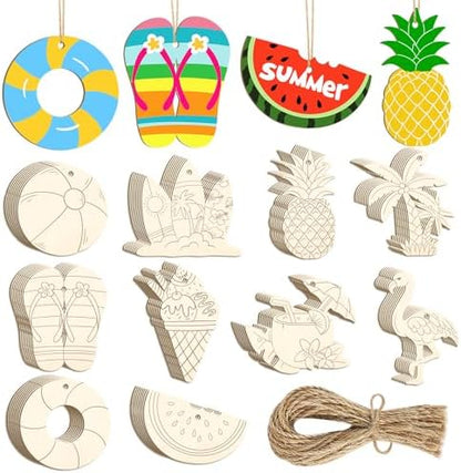 80PCS Wooden Summer Ornaments to Paint, 10 Styles DIY Blank Unfinished Wood Beach Cutouts Ornament for Crafts Hanging Decorations, Watermelon Surfboard Slippers Coconut Tree Home Decorations Gifts by Sophena