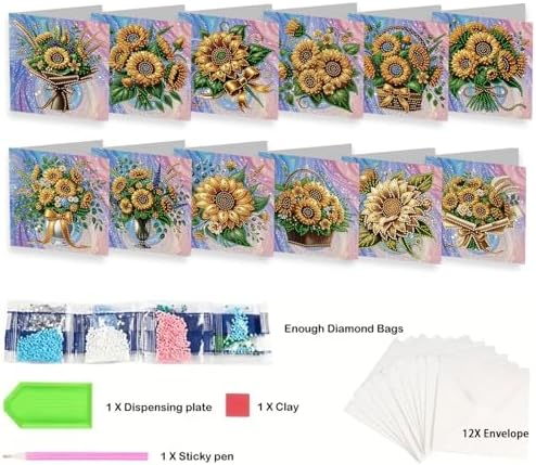 jinglinhh 12pcs Sunflower Basket Diamond Art Painting Greeting Cards with Envelopes, DIY Card Making Kits for Adults, Diamond Art Christmas Cards for Birthday Holiday Postcards Craft Gifts - Image 3