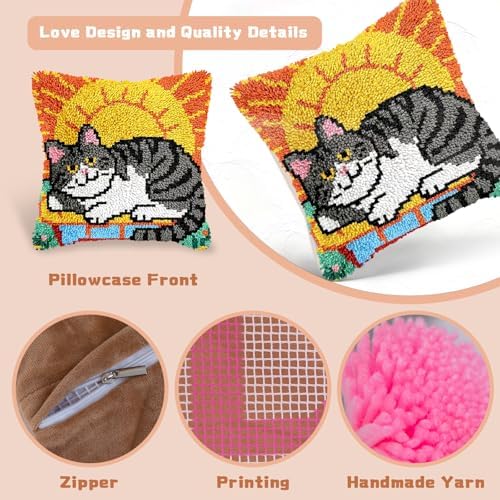 Miaceito Cat Latch Hook Kit for Beginners, DIY Pre-Printed Latch Hook Pillow Kit with Wooden Hook, 17x17 Inch Latch Hook Rug Kit Home Decor Sofa Cushion - Image 4