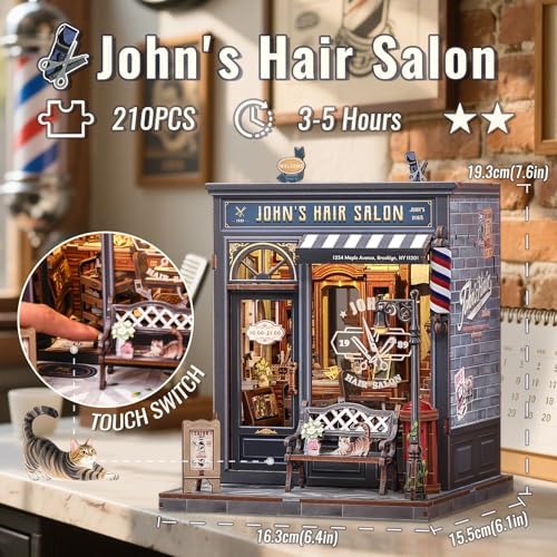 CUTEBEE Book Nook Kit - DIY Miniature House Dollhouse Kit for Adults, Booknook Hair Salon Barbershop Tiny House Bookshelf Decor 3D Wooden Puzzle, Gifts for Family and Friends (John's Hair Salon) - Image 2