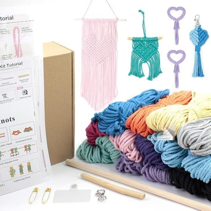 BUFANTL DIY Macrame Heart Kit for Beginners, 5-Piece Starter Set with 2 Wall Hangings, 1 Keychain & 2 Napkin Rings, Boho Weaving Craft Kit for Adults - Image 2