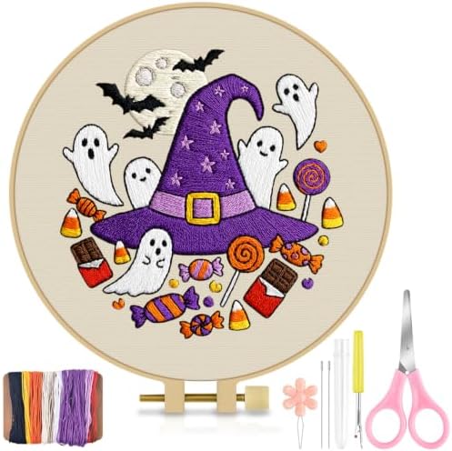 TINDTOP Halloween Embroidery Kit for Adult, Embroidery DIY Starter Kit, with Stamped Patterns, Hoop, Tools, Colorful Threads with Needles, Instructions (Halloween C) by TINDTOP