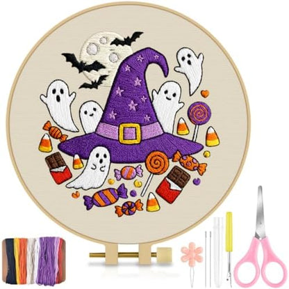 TINDTOP Halloween Embroidery Kit for Adult, Embroidery DIY Starter Kit, with Stamped Patterns, Hoop, Tools, Colorful Threads with Needles, Instructions (Halloween C) by TINDTOP