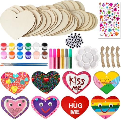 Valentine's Day Wood Heart Craft Kit, 36 Pcs Blank Unfinished Wooden Hearts Ornaments for Crafts, DIY Painting Activity for Adults, Family, Couples to Make Personalized Gifts and Home Decor by Collabell