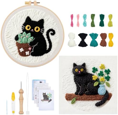 BEUNITONE 2PCS Cat Punch Needle Kit for Adults Beginners, Complete Craft Embroidery Needlepoint Kits with Hoop and Instructions, Punch Needle Starter Craft Set for Home Decor, Festival Gift 20x20cm by BEUNITONE