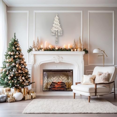 Christmas Tree Macrame Wall Hanging Decor 9.84 × 22.8inch Xmas Tree Shape Boho Tapestry with Rustic Bead and Star Tree Topper Hand-Woven Crafts for Holiday Winter Decoration (Beige) - Image 2
