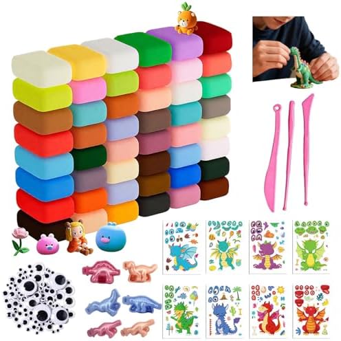 Adult Air Dry Clay Kit 48 Colors,8 Dinosaur Sticker Sheets,3 Sculpting Tools,20 Assorted Adhesive Eyes&6 Dinosaur Molds,Soft Lightweight Modeling Clay for DIY Sculpting, Handcraft Creation for adult by Unknown