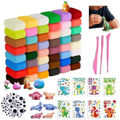 Adult Air Dry Clay Kit 48 Colors,8 Dinosaur Sticker Sheets,3 Sculpting Tools,20 Assorted Adhesive Eyes&6 Dinosaur Molds,Soft Lightweight Modeling Clay for DIY Sculpting, Handcraft Creation for adult by Unknown