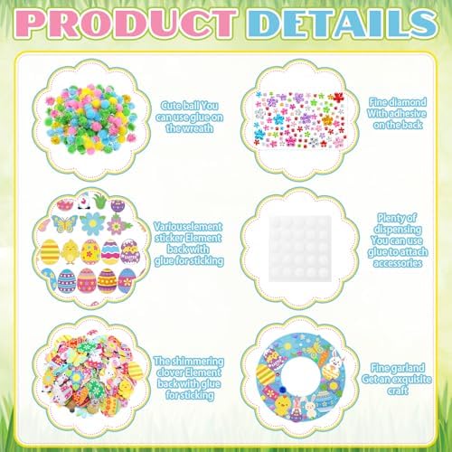472 Pcs Easter Wreath Crafts Kits Spring Wreath Felt DIY Flower Bunny Rabbits Egg Duck Kits Crafts Hanging Ornaments with Stickers for Adults Spring Party Favor Home Activity - Image 5