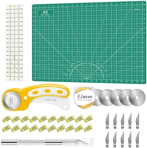 Rotary Cutter Set Green - Quilting Kit incl. 45mm Fabric Cutter, 5 Replacement Blades, A2 Cutting Mat, Acrylic Quilting Ruler, Sewing Clips, Craft Knife Set, Ideal for Crafting, Sewing, Patchworking by HeadleyTools