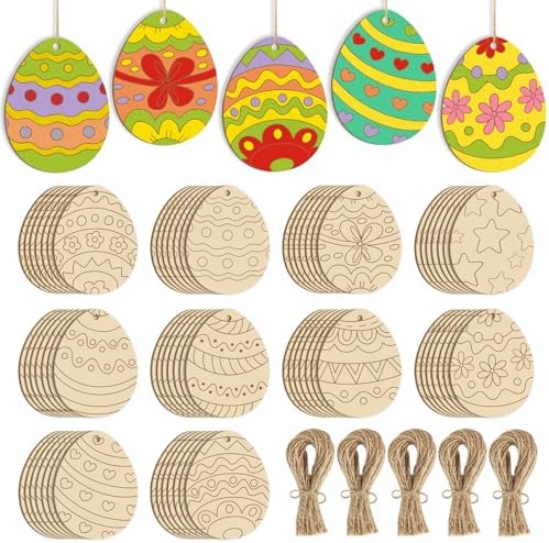 80PCS Wooden Easter Ornaments to Paint, 10 Styles DIY Blank Unfinished Wood Cutouts Ornament for Crafts Hanging Decorations, Egg Rabbit Bunny Butterfly Flower Happy Easter by Sophena