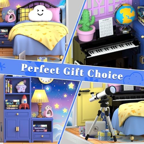 DIY Starry Night Wish Miniature House Kit with LED Light, Telescope & Piano, Roof & Dust Covers Sets, Tiny House Toys for Adults - Image 4