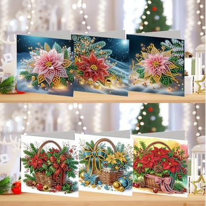 jinglinhh 6pcs Christmas Poinsettia Flower Basket Diamond Art Painting Greeting Cards with Envelopes, DIY Card Making Kits for Adults, Diamond Art Postcards Christmas Cards Craft Gifts - Image 4