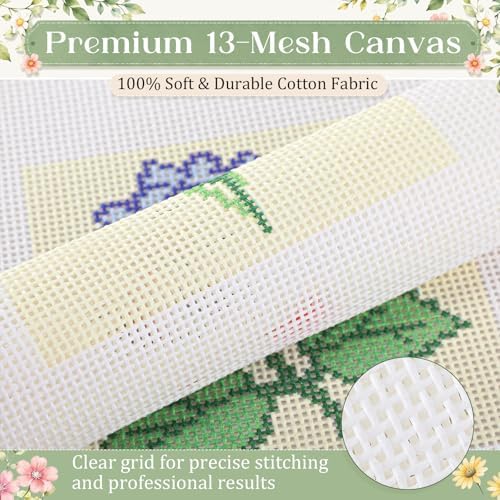 Chumia 3 Pcs Flower Needlepoint Canvas Kit for Adult 13ct 8x8" - Image 4