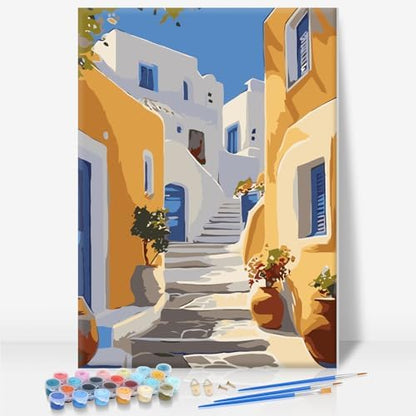 Camocin Framed Paint by Numbers Kit for Adults Beginner - Santorini Street Paint by Number Canvas with Frame, DIY Coastal Landscape Acrylic Painting Kit for Stress Relief Home Wall Decor 8x12 Inch by CamocinDIYKit