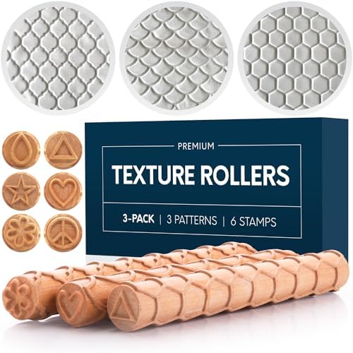 Byllstore Extra Large Clay Texture Rollers with Pottery Stamps | 3 Texture Rollers | 6 Clay Stamps | 3-Pack (9" x 1.2", 3 Pack) by BYLLSTORE