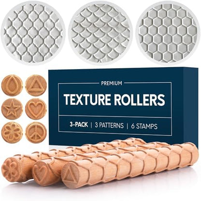 Byllstore Extra Large Clay Texture Rollers with Pottery Stamps | 3 Texture Rollers | 6 Clay Stamps | 3-Pack (9" x 1.2", 3 Pack) by BYLLSTORE