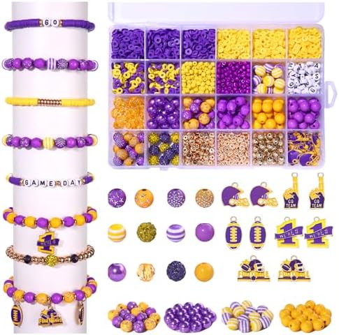 HSWE Game Day Beads for Bracelets Making Kit Heishi Clay Pearl Letter Assorted Round Bead Gold Spacer Beads Football Charms for DIY Bracelets Necklace Jewelry Making (Purple Yellow Game Day Kit) by HSWE