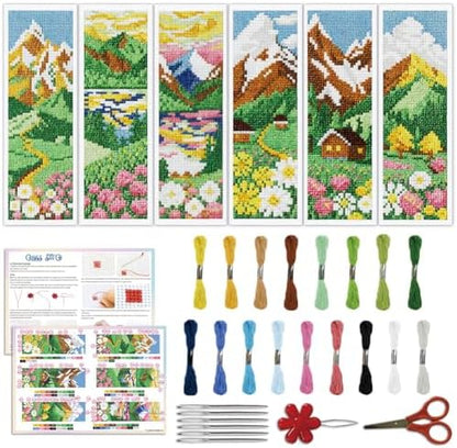 ACRNIGHEET 6PCS Cross Stitch Bookmark Kit for Beginner Stamped Cross Stitch Kits for Adults Mountain Fields DIY Embroidery Bookmark Kits Needlepoint Kit with Instructions Craft Gift 8.5''x3'' 11CT by ACRNIGHEET