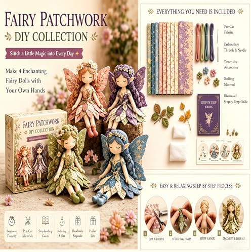 Fairy Patchwork DIY Collection, Flower Fairies Sewing Kit for Adults & Beginners, Make 4pcs Fabric Fairy Dolls with Pre-Cut Materials, Handmade DIY Craft Gift & Home Decor (Snowflake Fairies) - Image 7