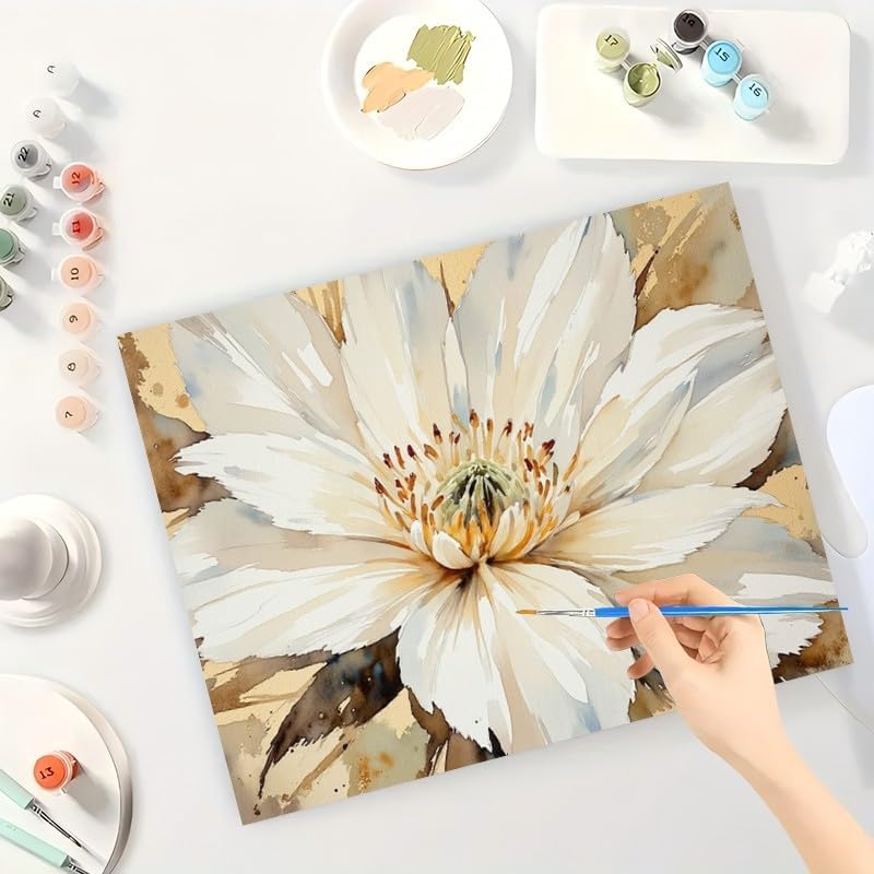 Botanical Art Paint by Numbers Kit for Adults - DIY White Petal Flower with Beige Tones Painting on Canvas 16x20 Inches,Acrylic Paint Set,Suitable for Beginners,Art for Home Decoration/Gifts - Image 3