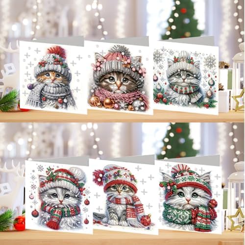 jinglinhh 6pcs Christmas Cat Snowflakes Diamond Art Painting Greeting Cards with Envelopes, DIY Card Making Kits for Adults, Diamond Art Postcards Christmas Cards Craft Gifts - Image 4