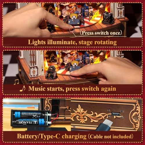 CUTEBEE 3D Wooden Puzzles Music Box - DIY Theater Model Kit with LED Light, 413 Pcs Rotating Miniature House Kit for Adults, Home Bookshelf Decor, Birthday Valentines Day Gifts (Animal Carnival) - Image 6