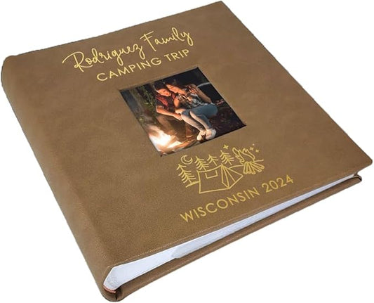 Personalized Photo Album, Custom Engraved Picture Album, Holds 200 4" x 6" Photos, Leatherette and Laser Engraved Scrapbook, Camping Trip, Brown