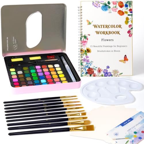 Water Colors Paint Adult Set for Beginner with Flower Watercolor Workbook by SHINYHARBOR