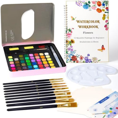 Water Colors Paint Adult Set for Beginner with Flower Watercolor Workbook by SHINYHARBOR