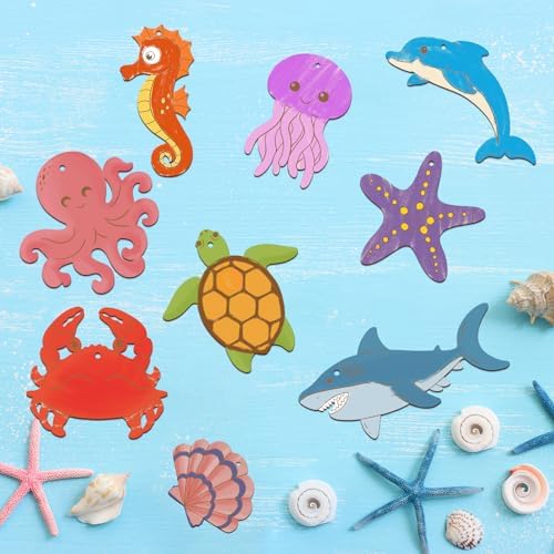 80PCS Wooden Sea Ornaments to Paint, 10 Styles DIY Blank Unfinished Wood Ocean Whale Seahorse Octopus Starfish Dolphin Turtle Shark Crab Cutouts Ornament for Crafts Hanging Decorations Summer - Image 3